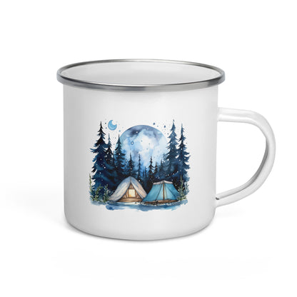 A white enamel mug with a summer camping theme illustration that includes a forest, moon, and a tent.