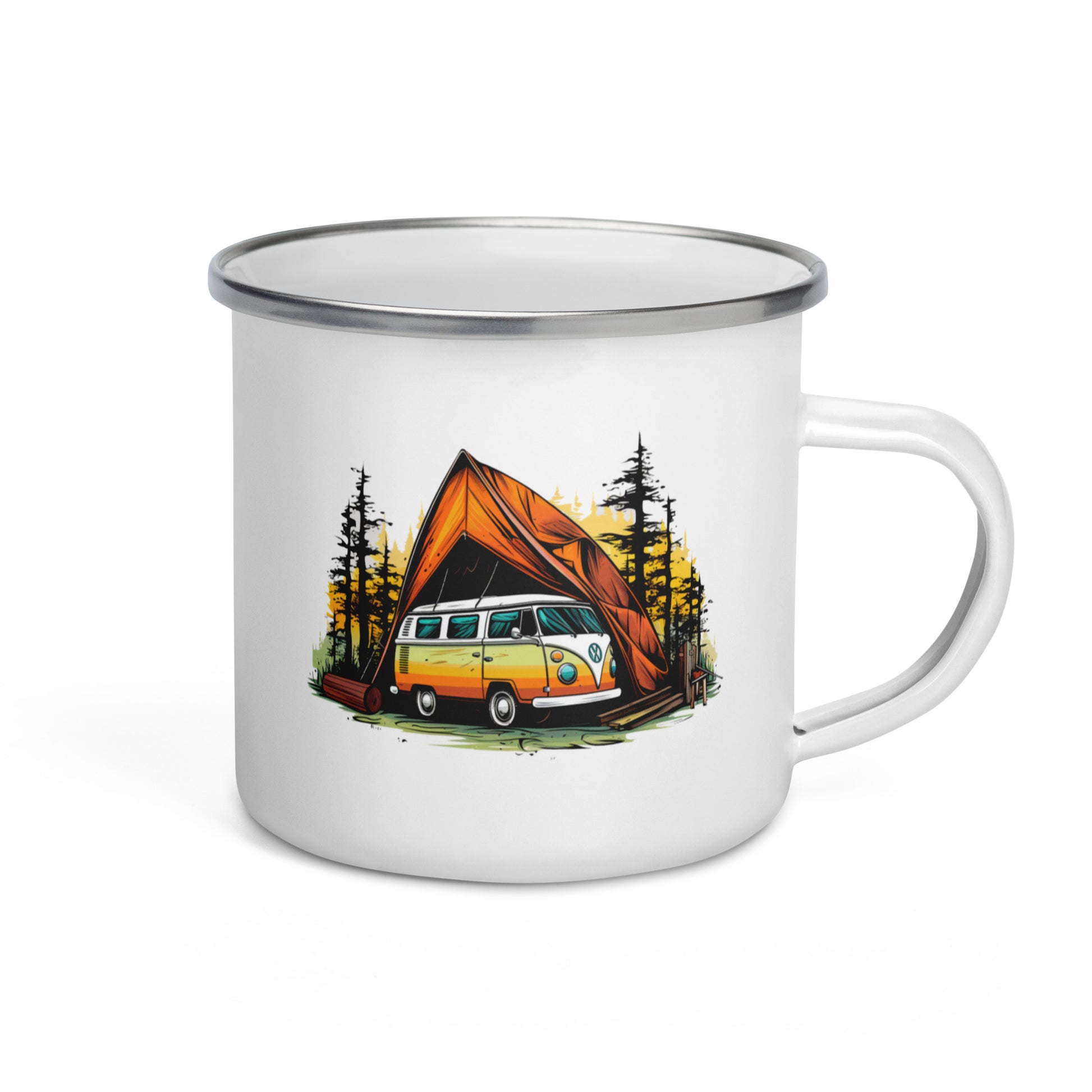 A white enamel mug with a vintage camping car design and a forest background.