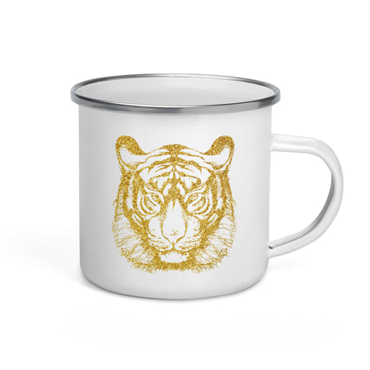 A white enamel mug with a silver rim, featuring a golden tiger design in the center.