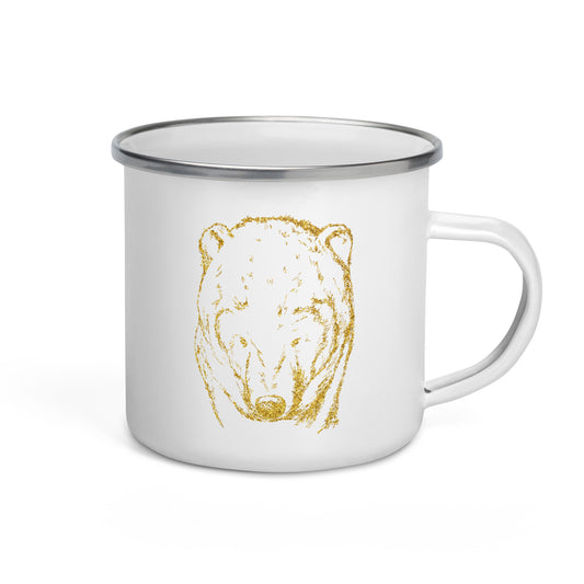 A white enamel mug with a silver rim, featuring a detailed golden illustration of a bear on the side.