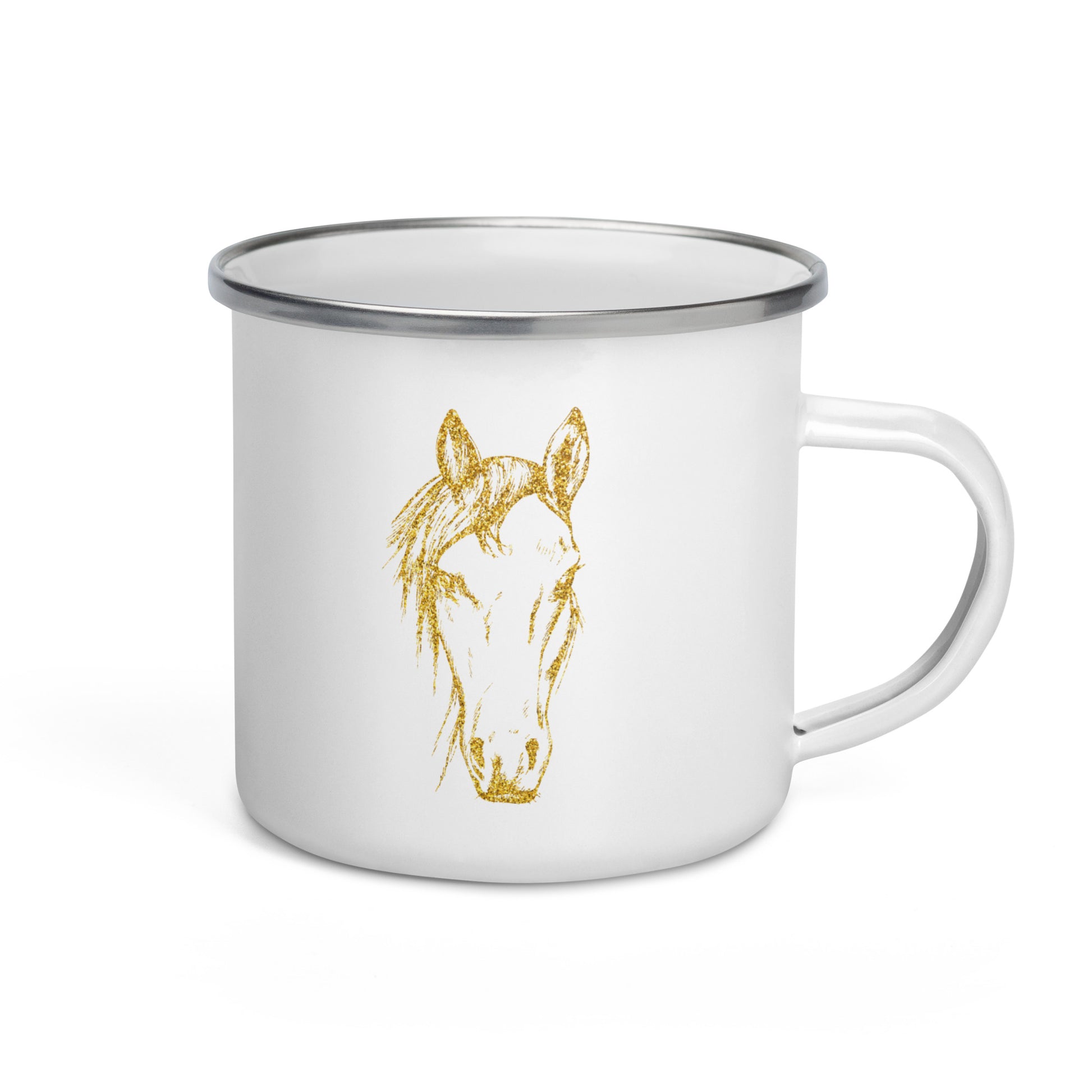 A white enamel mug with a golden horse illustration and a silver rim.