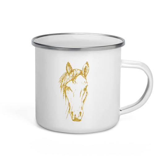A white enamel mug with a golden horse illustration and a silver rim.