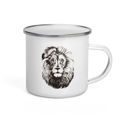 A white enamel mug with a hand-drawn monochrome lion design.