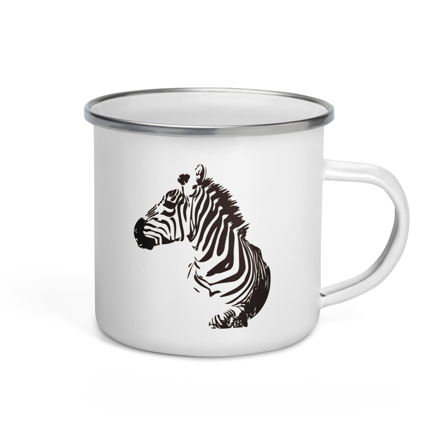 A white enamel mug with a hand-drawn black and white zebra design on the side, featuring a silver rim.