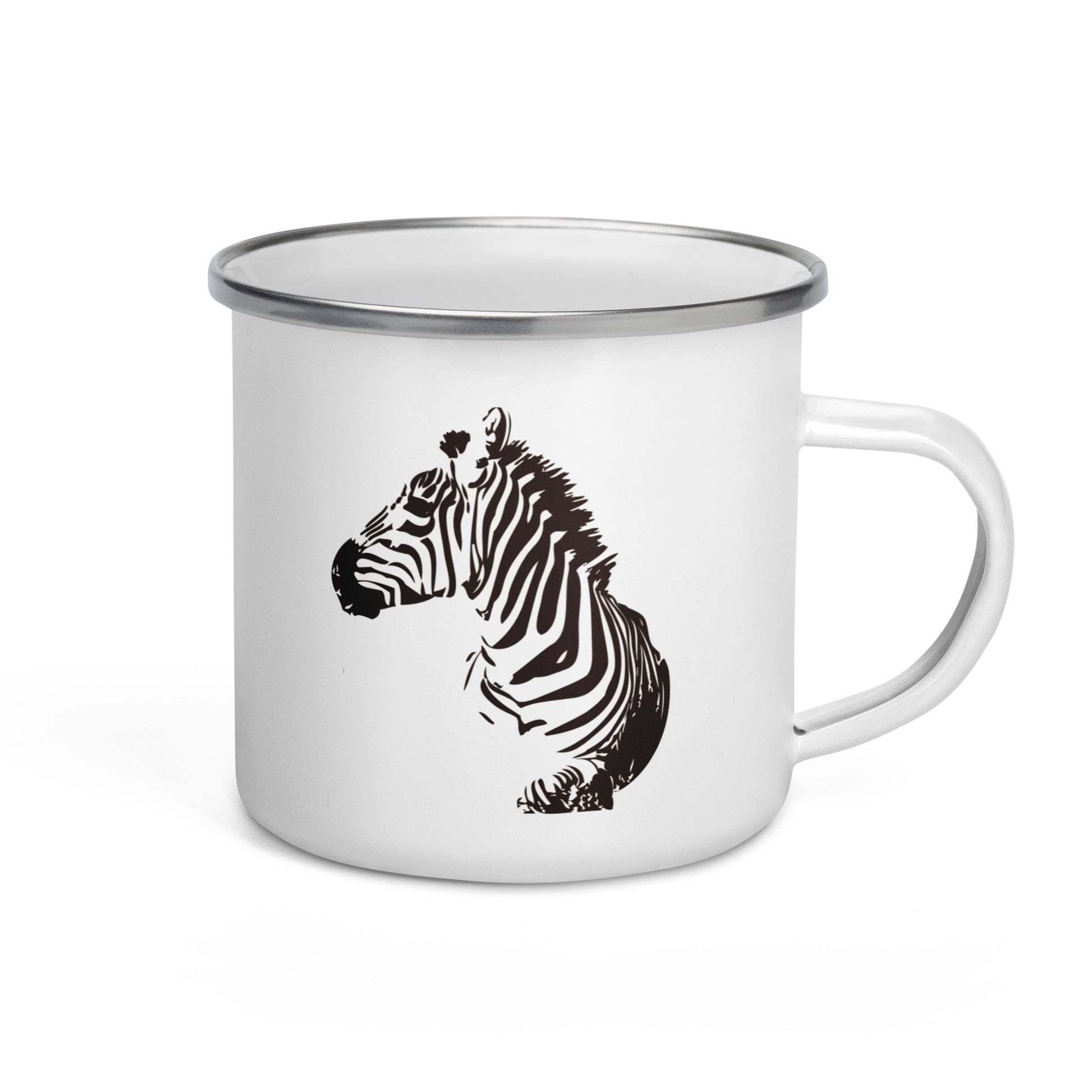 A white enamel mug with a hand-drawn black and white zebra design on the side, featuring a silver rim.