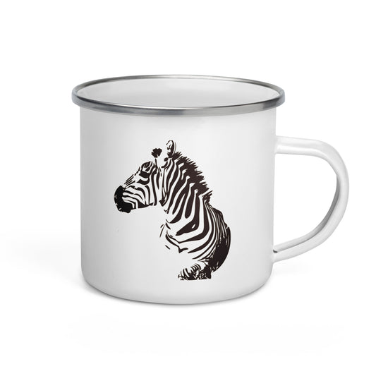 A white enamel mug with a hand-drawn black and white zebra design on the side, featuring a silver rim.