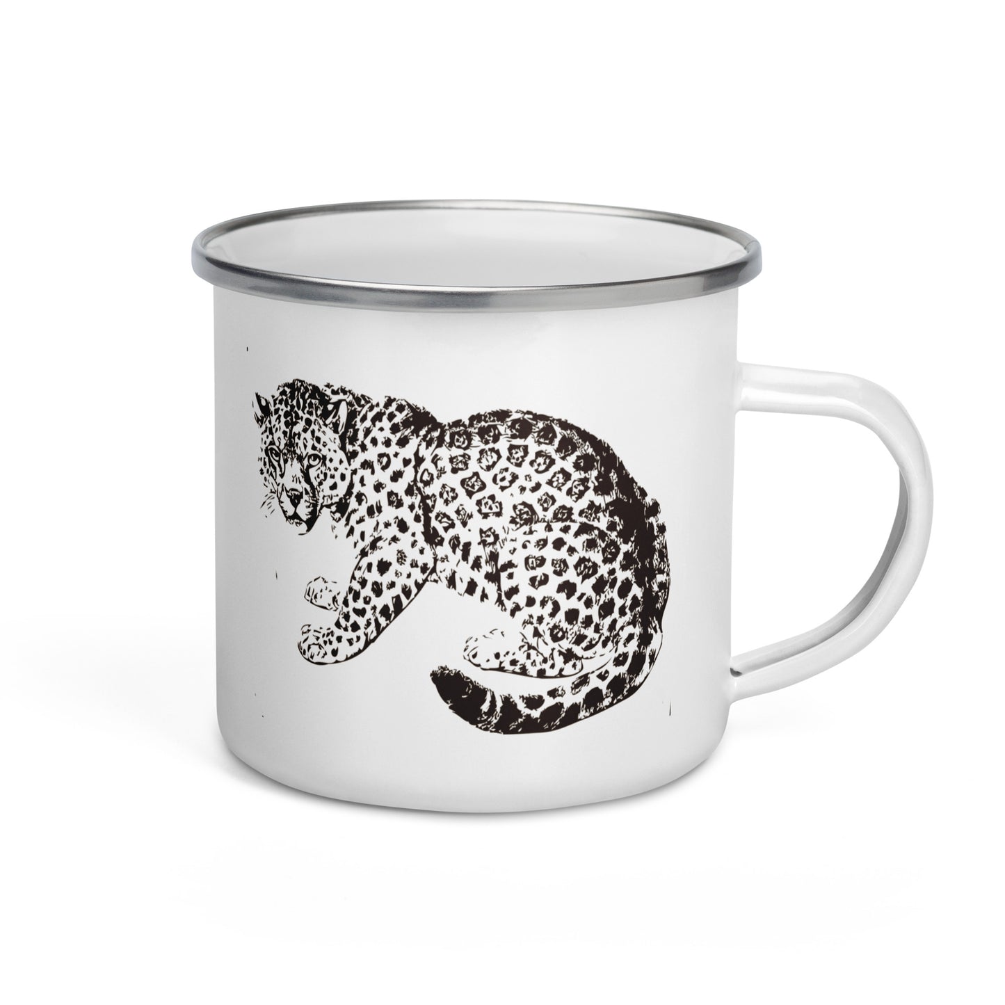 A white enamel mug with a hand-drawn monochrome jaguar design.