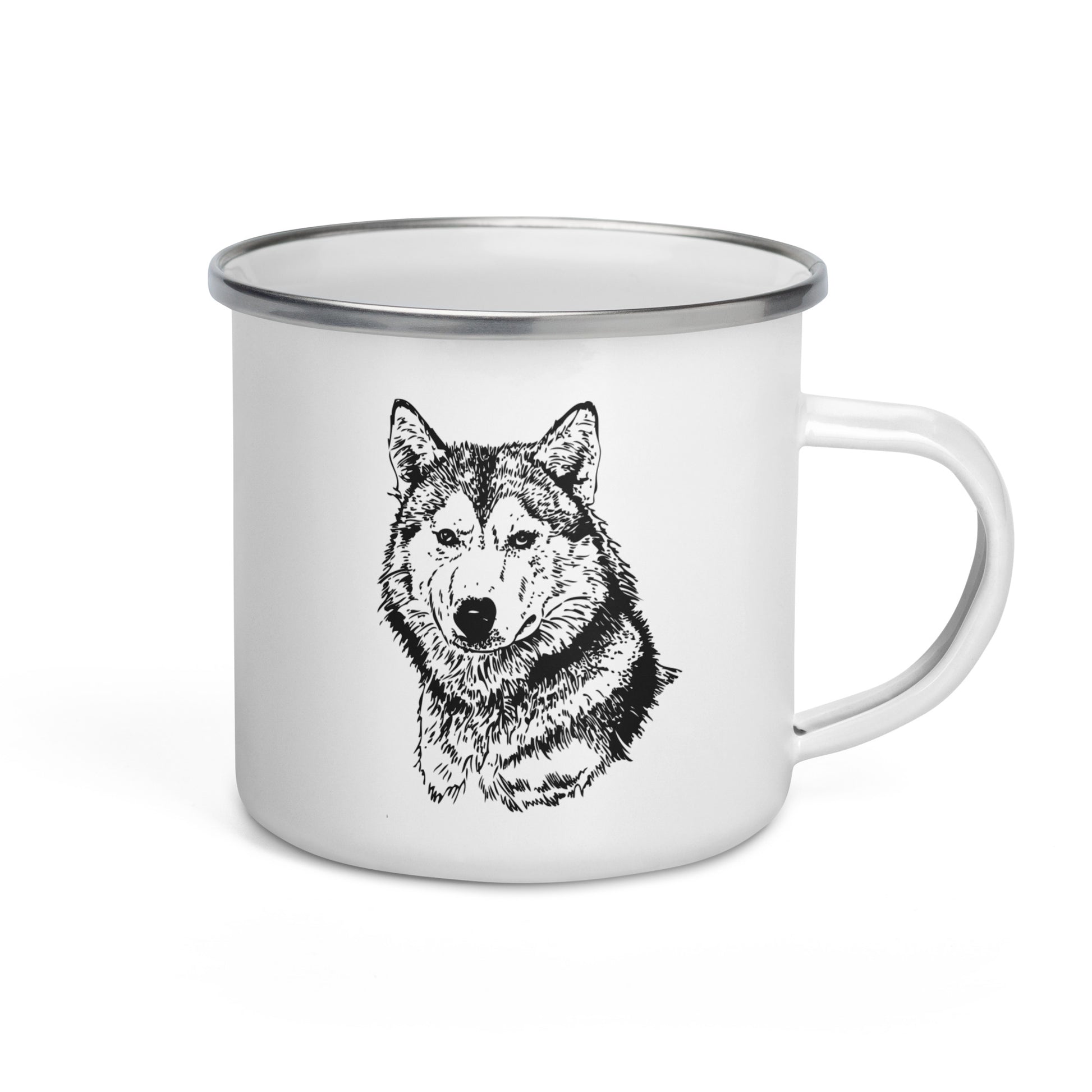 A white enamel mug with a hand-drawn monochrome wolf design.