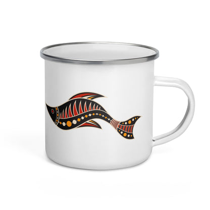 A white enamel mug with a silver rim featuring a tribal painting of a fish figure.