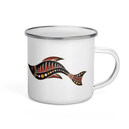 A white enamel mug with a silver rim featuring a tribal painting of a fish figure.
