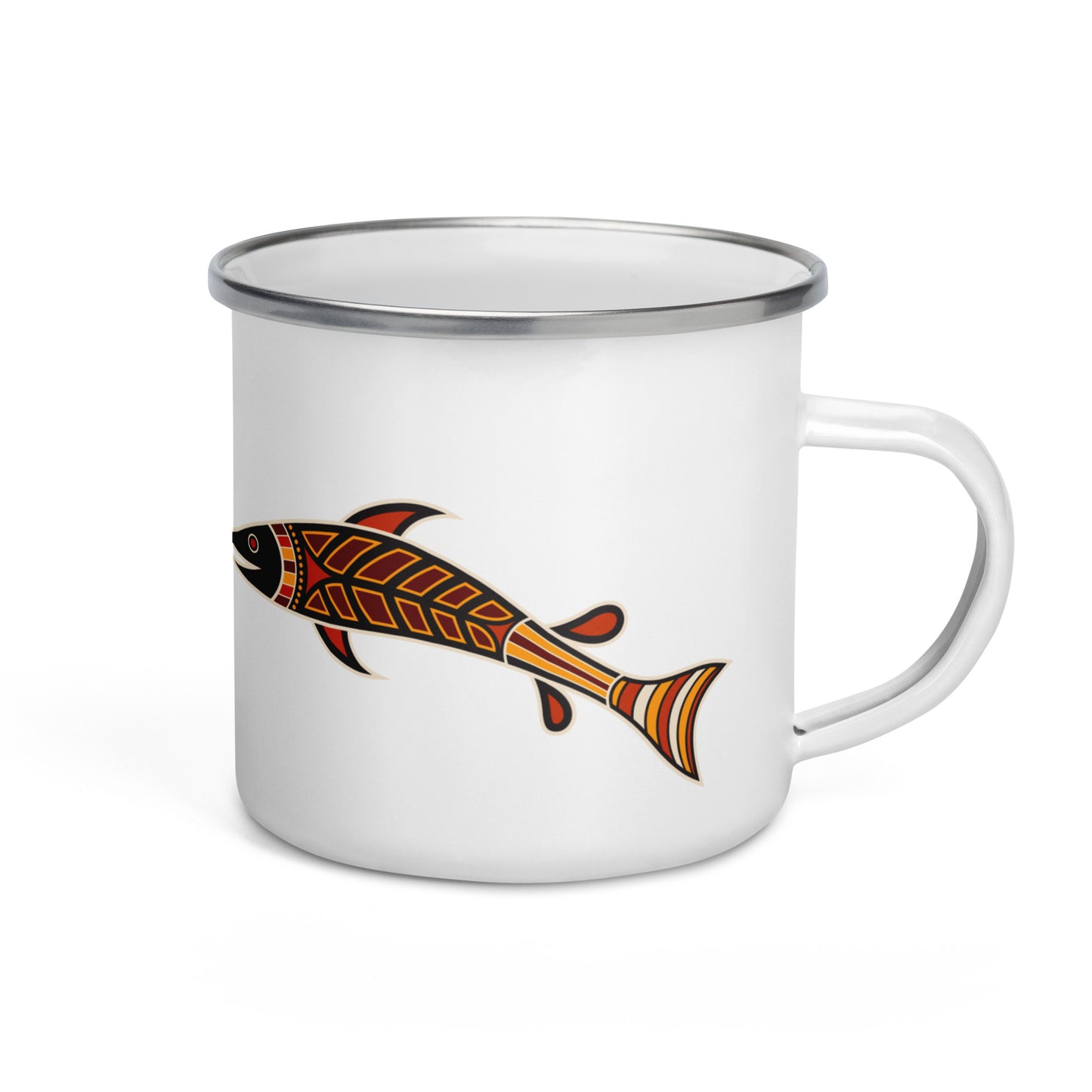 A white enamel mug with a silver rim, featuring a colorful fish figure design on the side.
