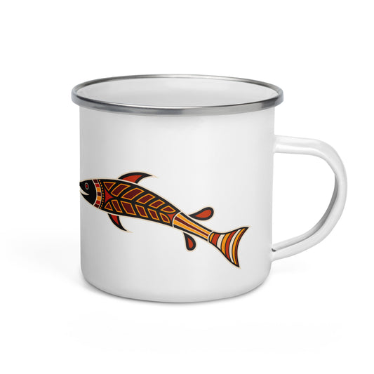 A white enamel mug with a silver rim, featuring a colorful fish figure design on the side.