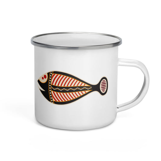 A white enamel mug with a silver rim, featuring an Australian tribal painting of a fish figure in red, black, and yellow colors.