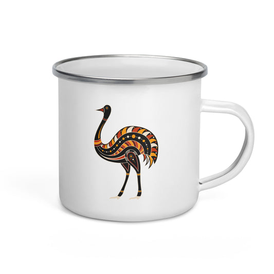 A white enamel mug with a silver rim, featuring a tribal painting of an ostrich on the side.