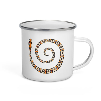 A white enamel mug with an Australian tribal painting of a snake around the handle and a silver rim.