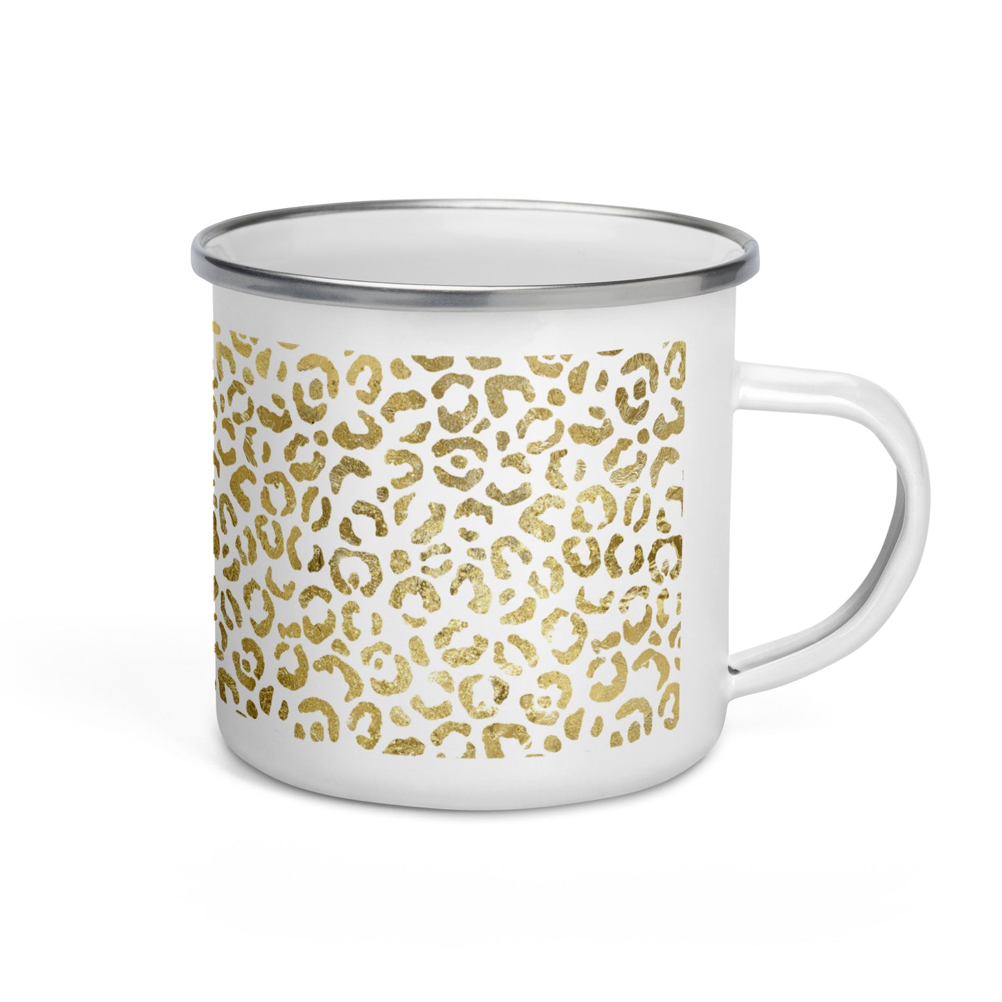 A white enamel mug with leopard skin design.
