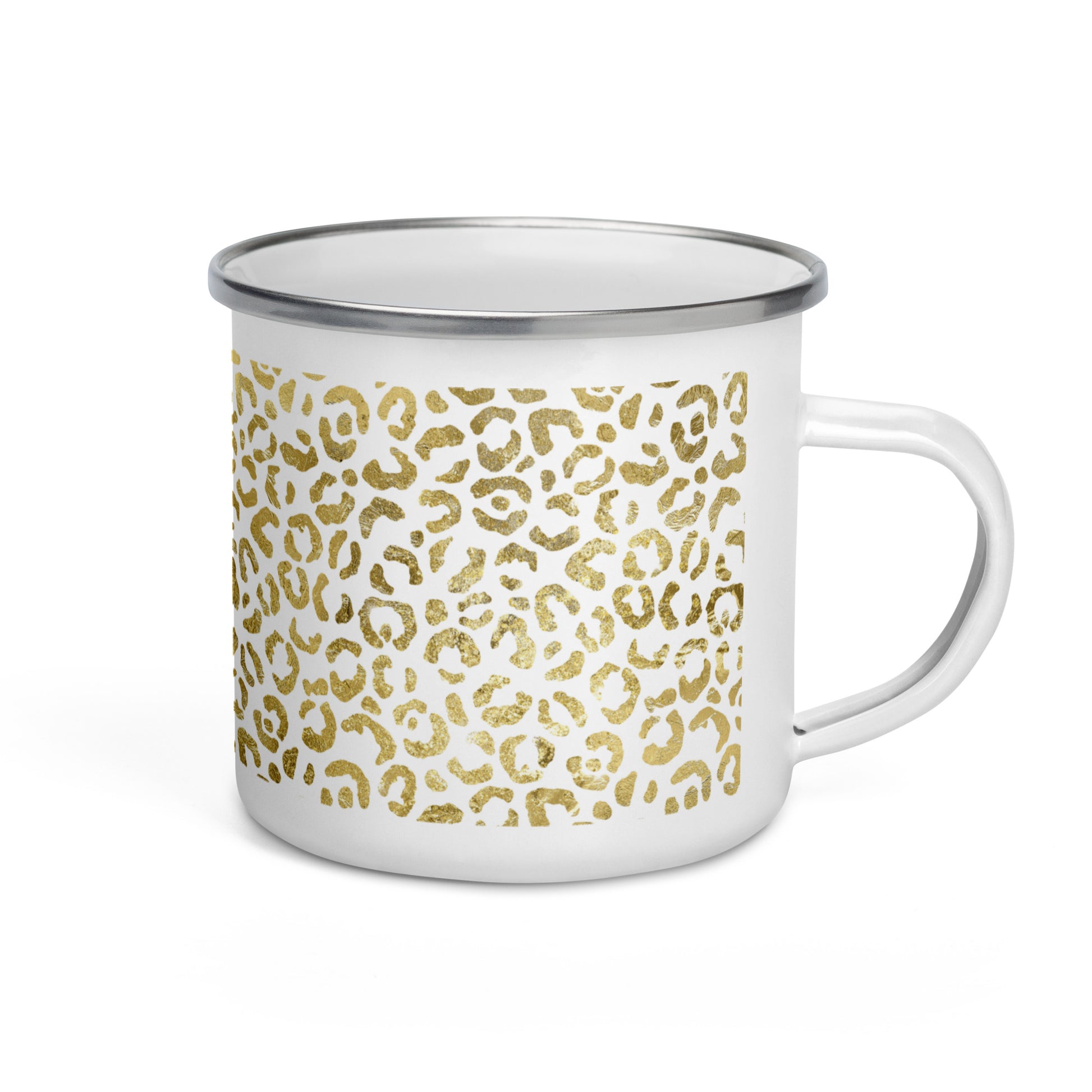 A white enamel mug with leopard skin design.
