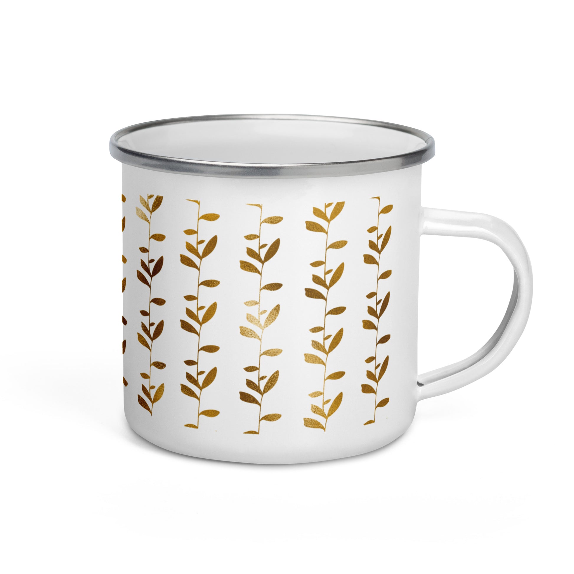 A white enamel mug with a silver rim, featuring a geometric golden pattern of leaves around the circumference.