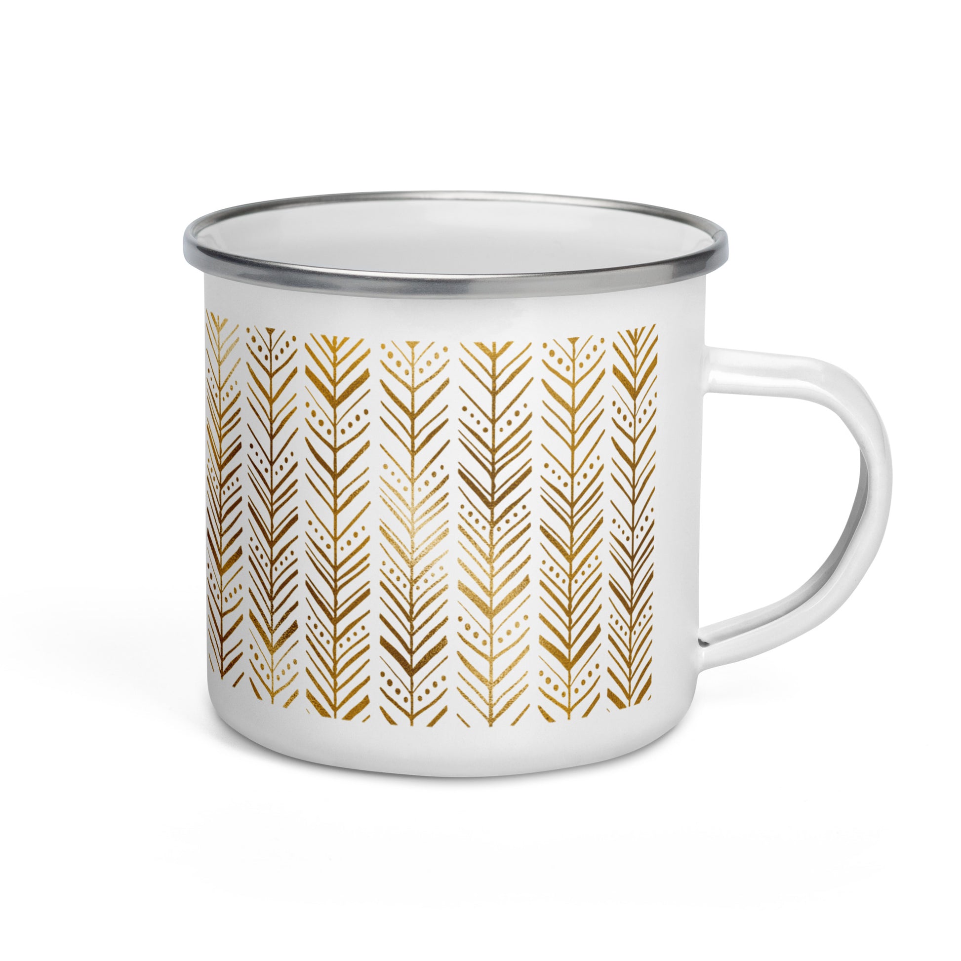 A white enamel mug with a geometric golden pattern on the side.