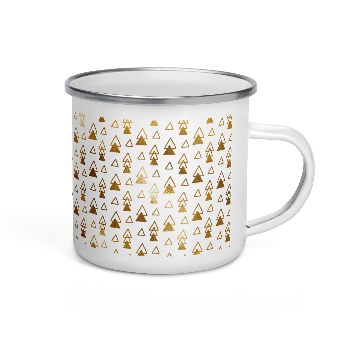 A white enamel mug with a geometric golden pattern and a silver rim.