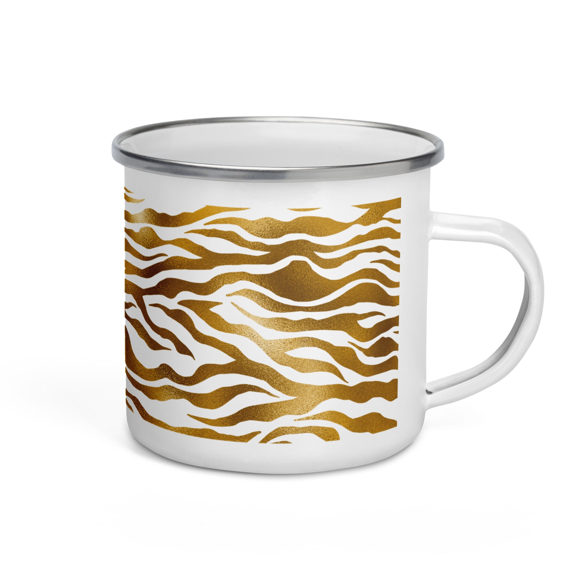 A white enamel mug with a geometric golden pattern of zebra stripes.