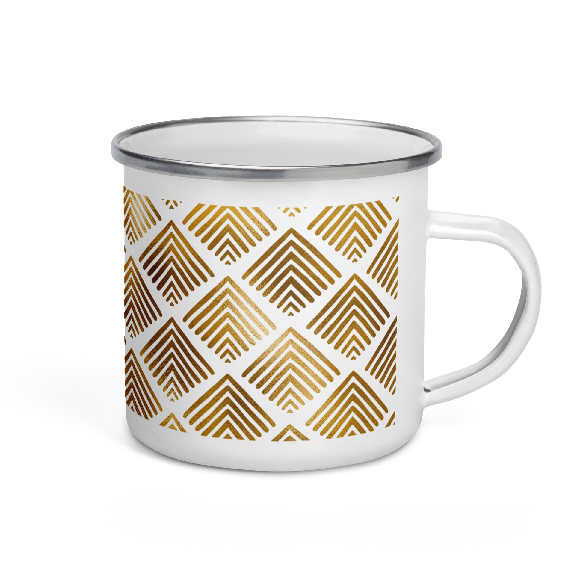 A white enamel mug with a geometric golden pattern on the side.