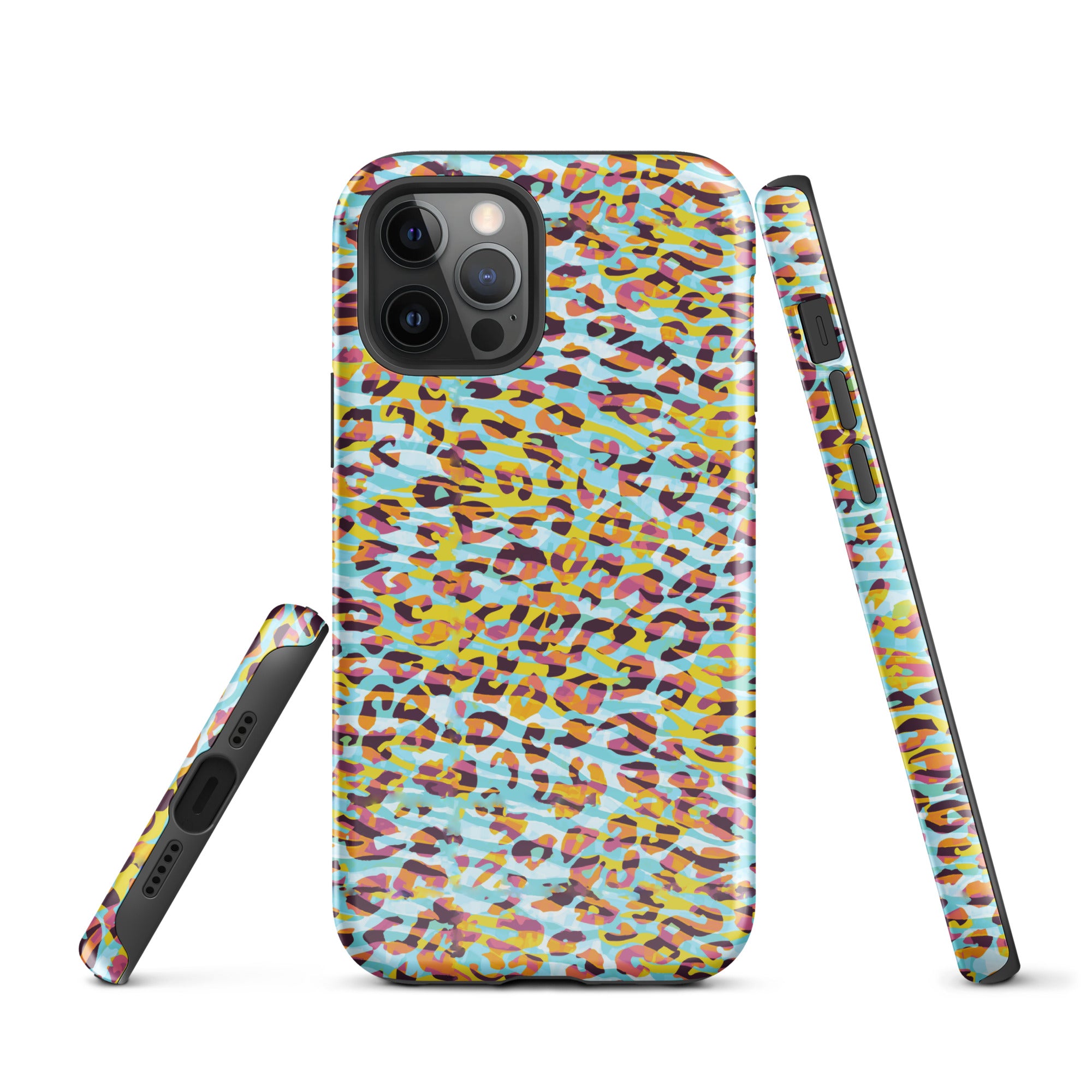 Tough Case for iPhone®- Zebra and Leopard Print Cyan with Yellow