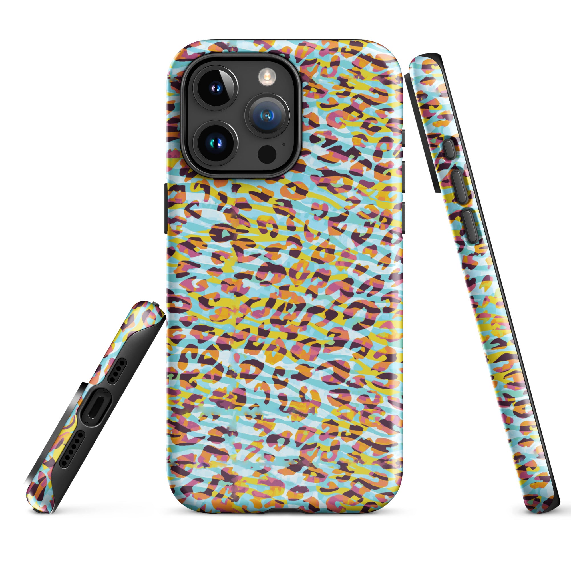 Tough Case for iPhone®- Zebra and Leopard Print Cyan with Yellow