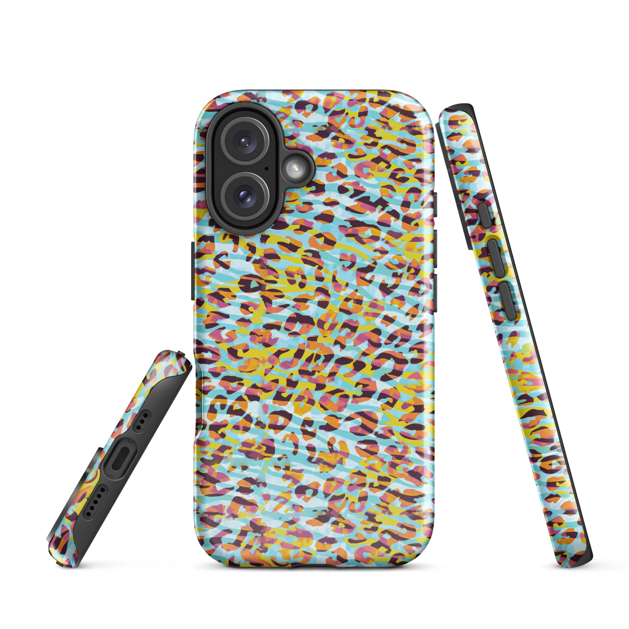 Tough Case for iPhone®- Zebra and Leopard Print Cyan with Yellow