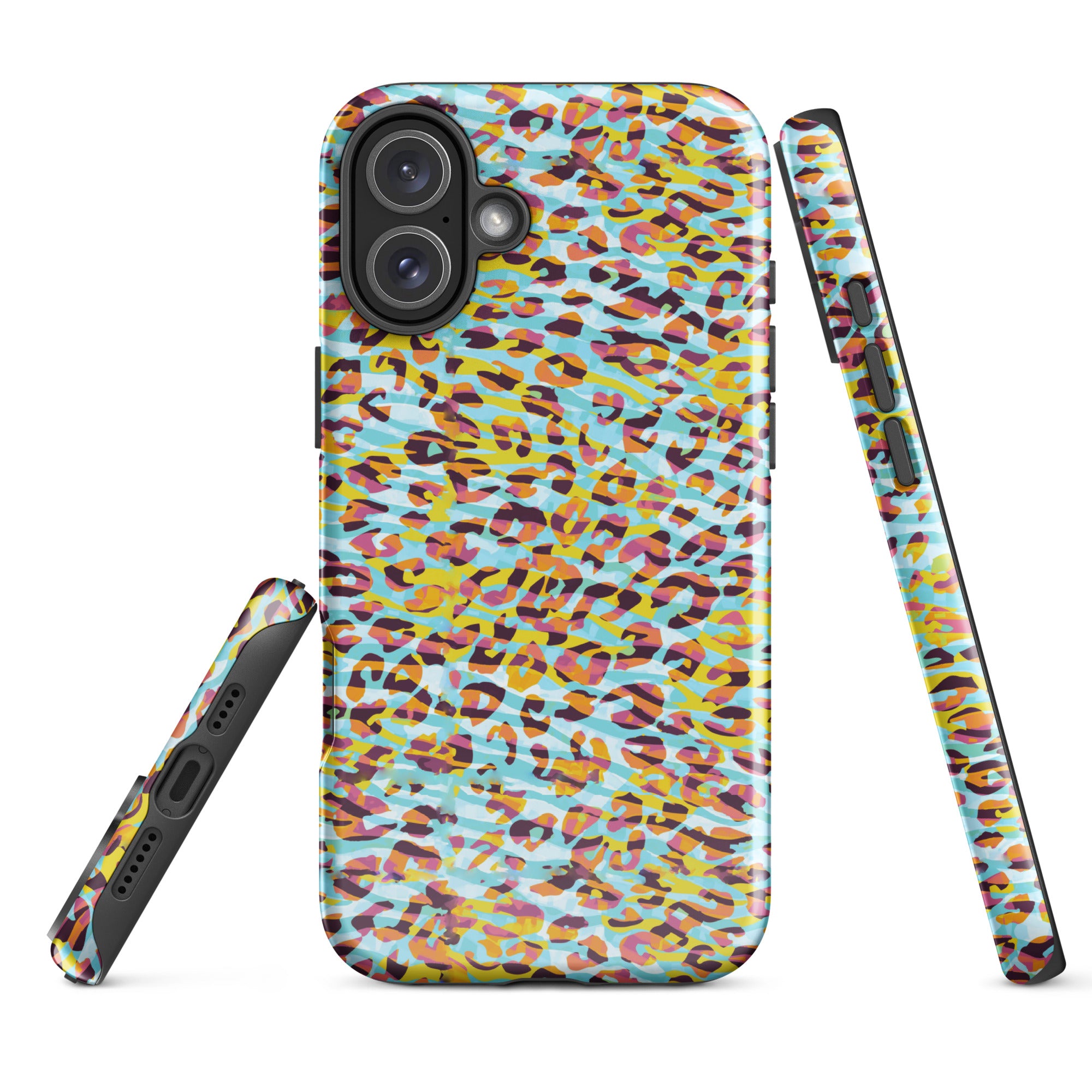 Tough Case for iPhone®- Zebra and Leopard Print Cyan with Yellow