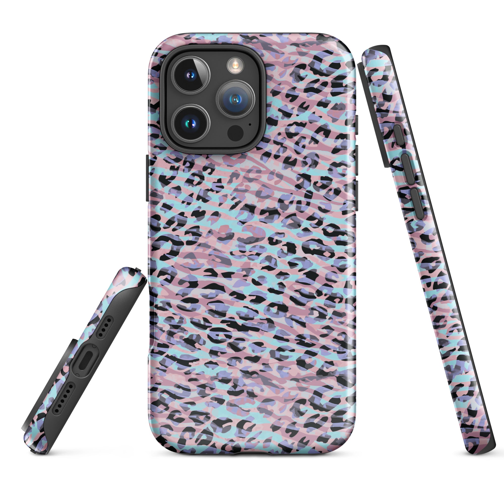 Tough Case for iPhone®- Zebra and Leopard Print Pink with Cyan