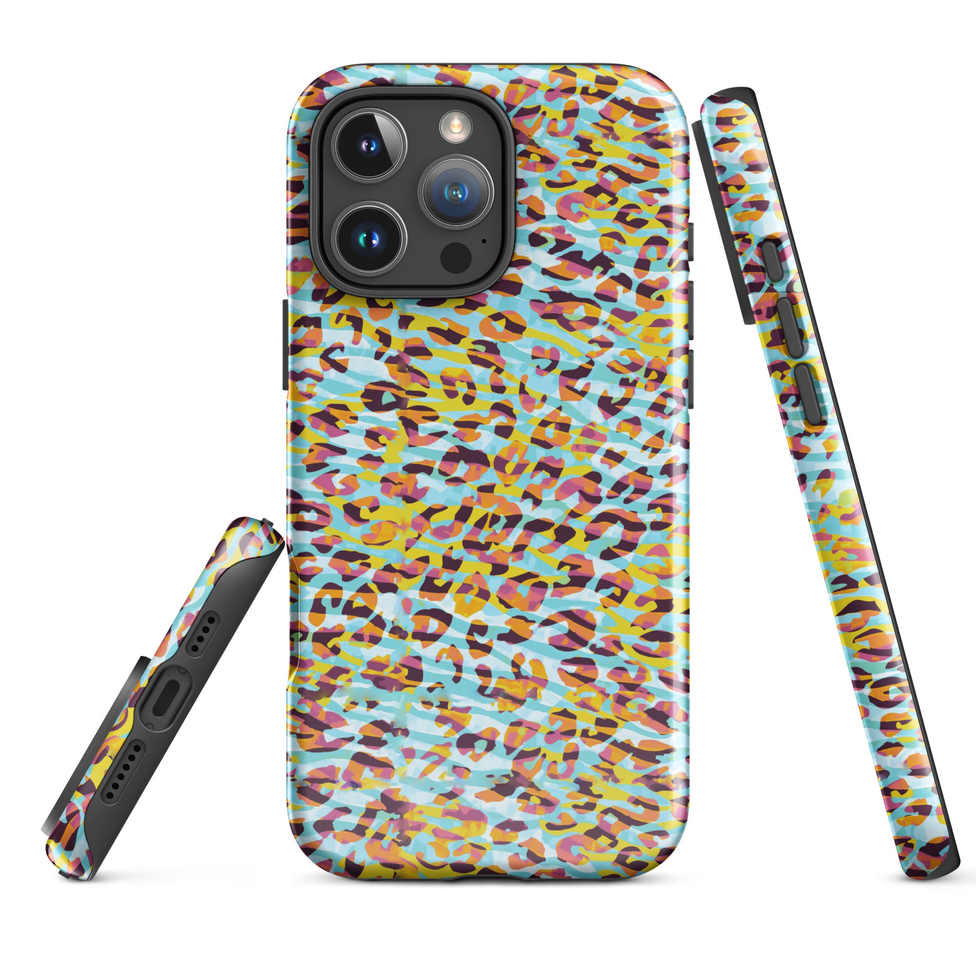 Tough Case for iPhone®- Zebra and Leopard Print Cyan with Yellow