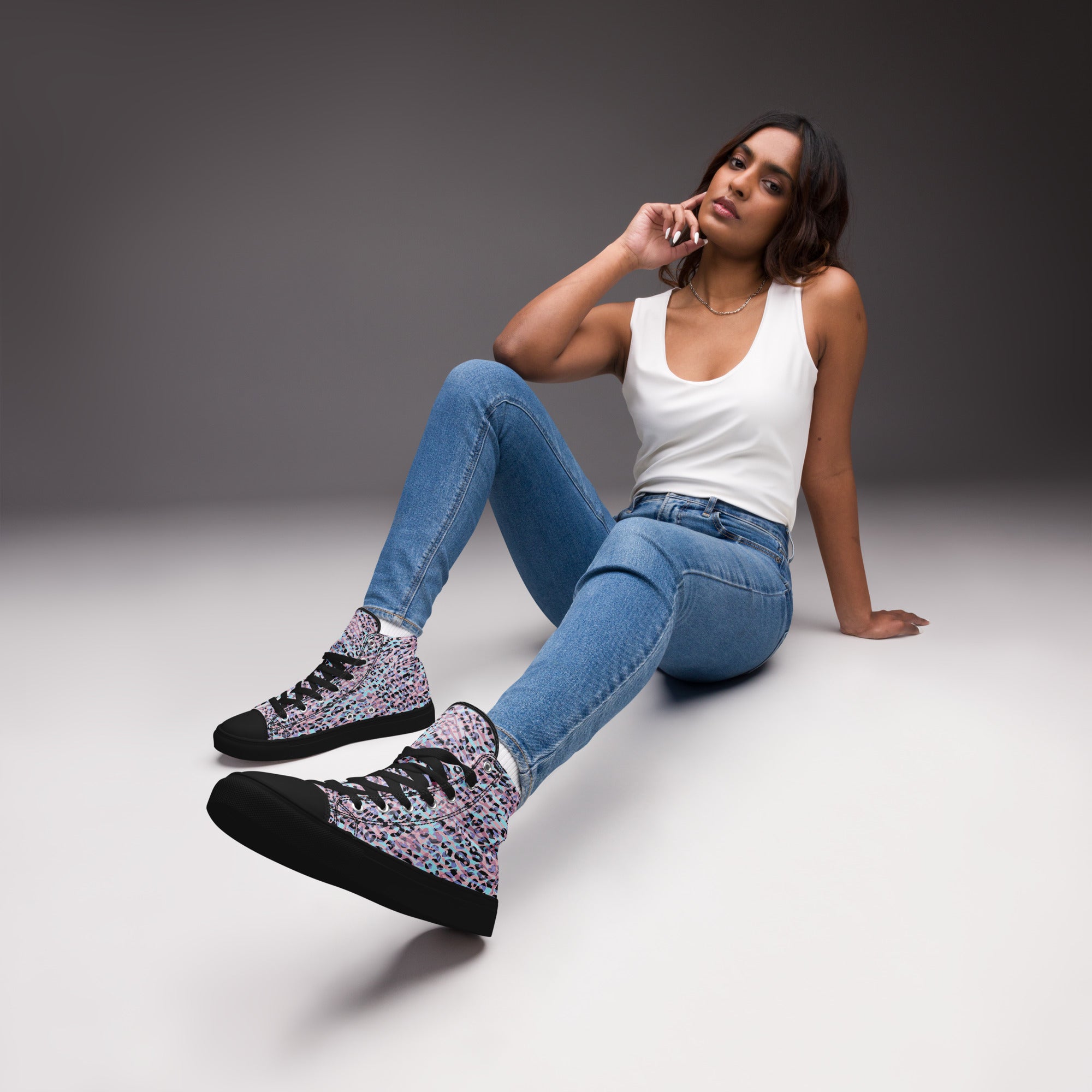 Women’s high top canvas shoes- Zebra and Leopard Print Pink with Cyan