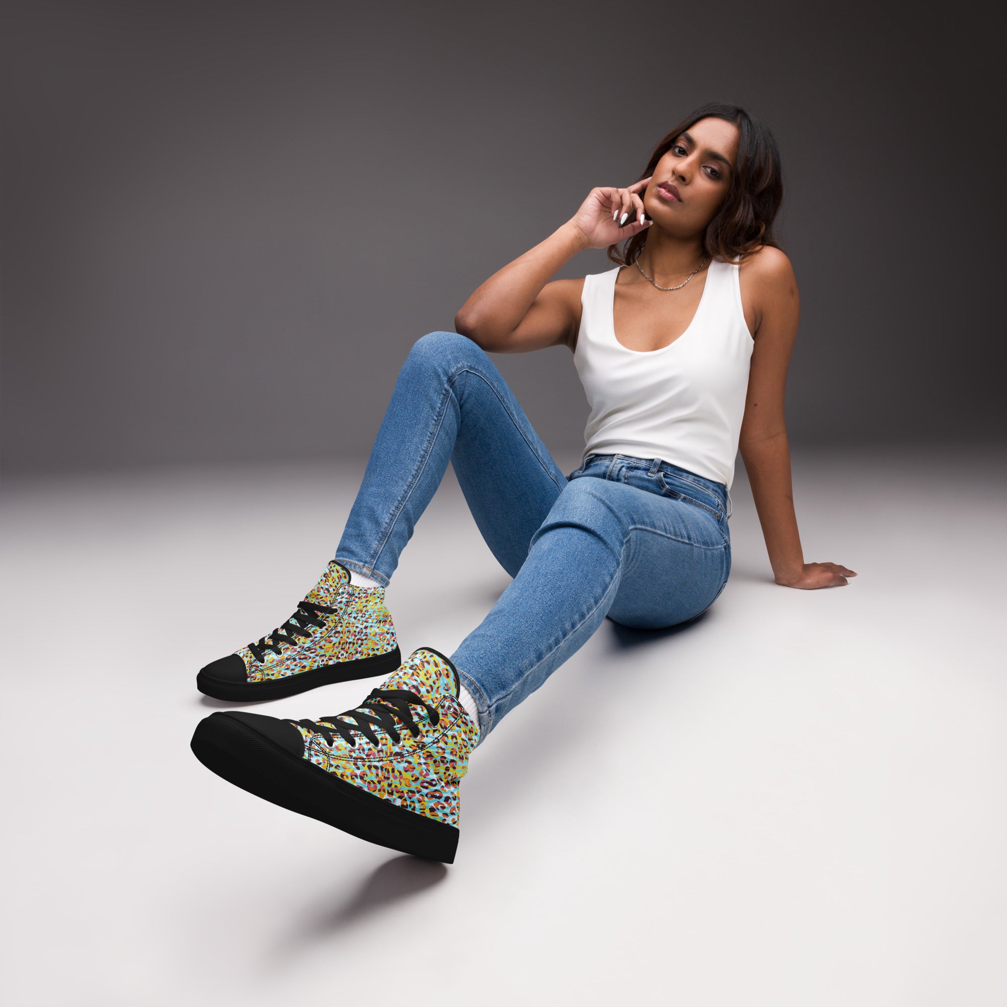 Women’s high top canvas shoes- Zebra and Leopard Print Cyan with Yellow