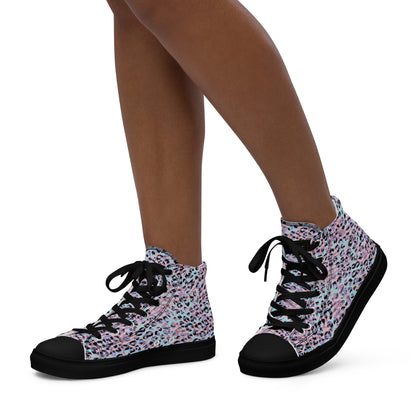 Women’s high top canvas shoes- Zebra and Leopard Print Pink with Cyan