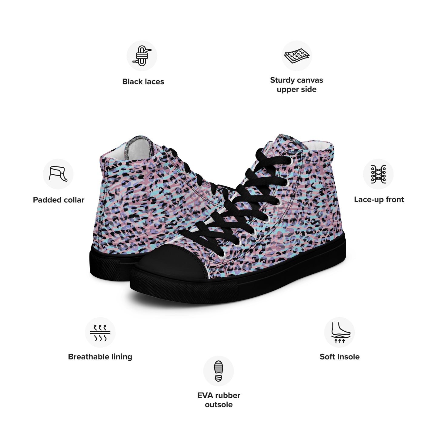 Women’s high top canvas shoes- Zebra and Leopard Print Pink with Cyan