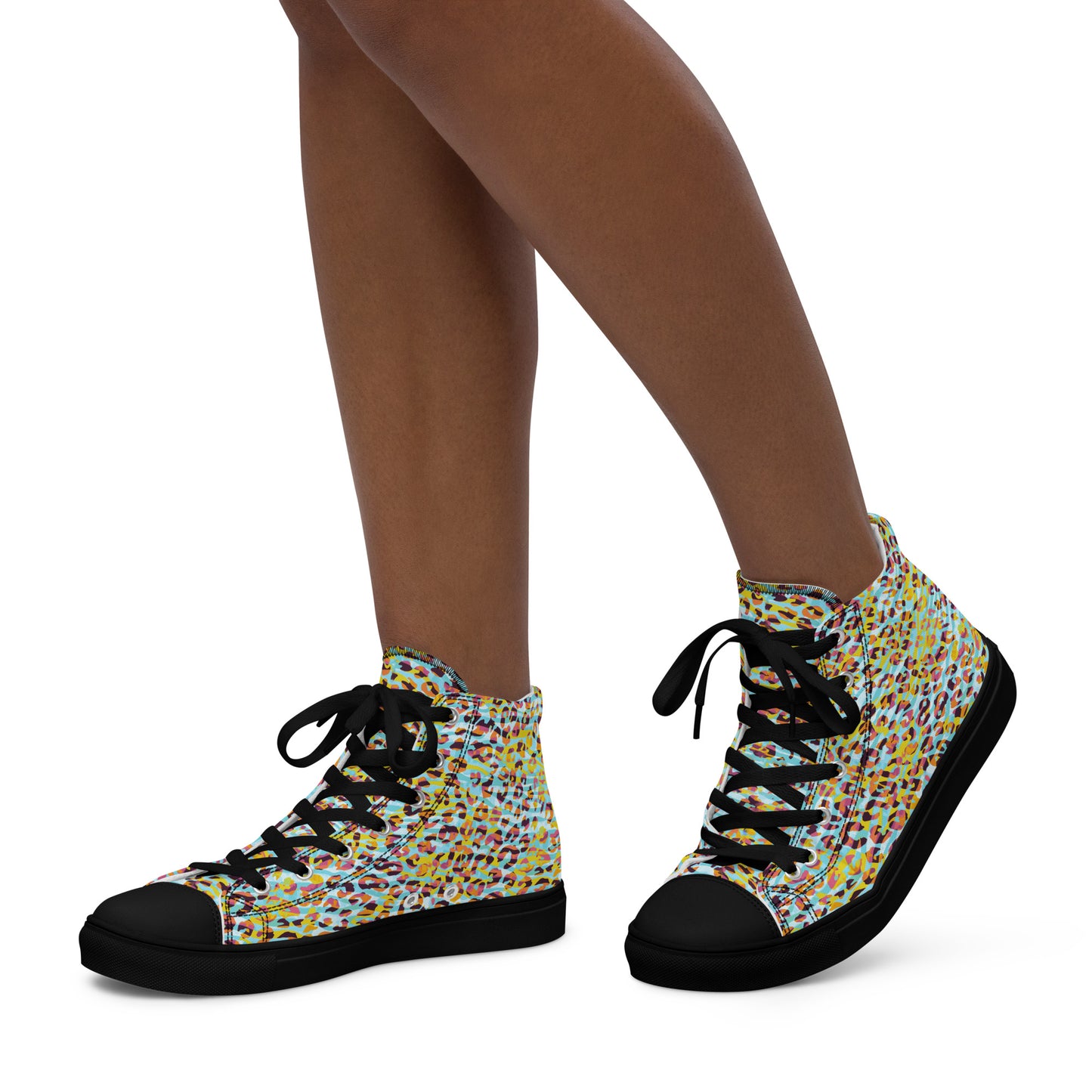 Women’s high top canvas shoes- Zebra and Leopard Print Cyan with Yellow