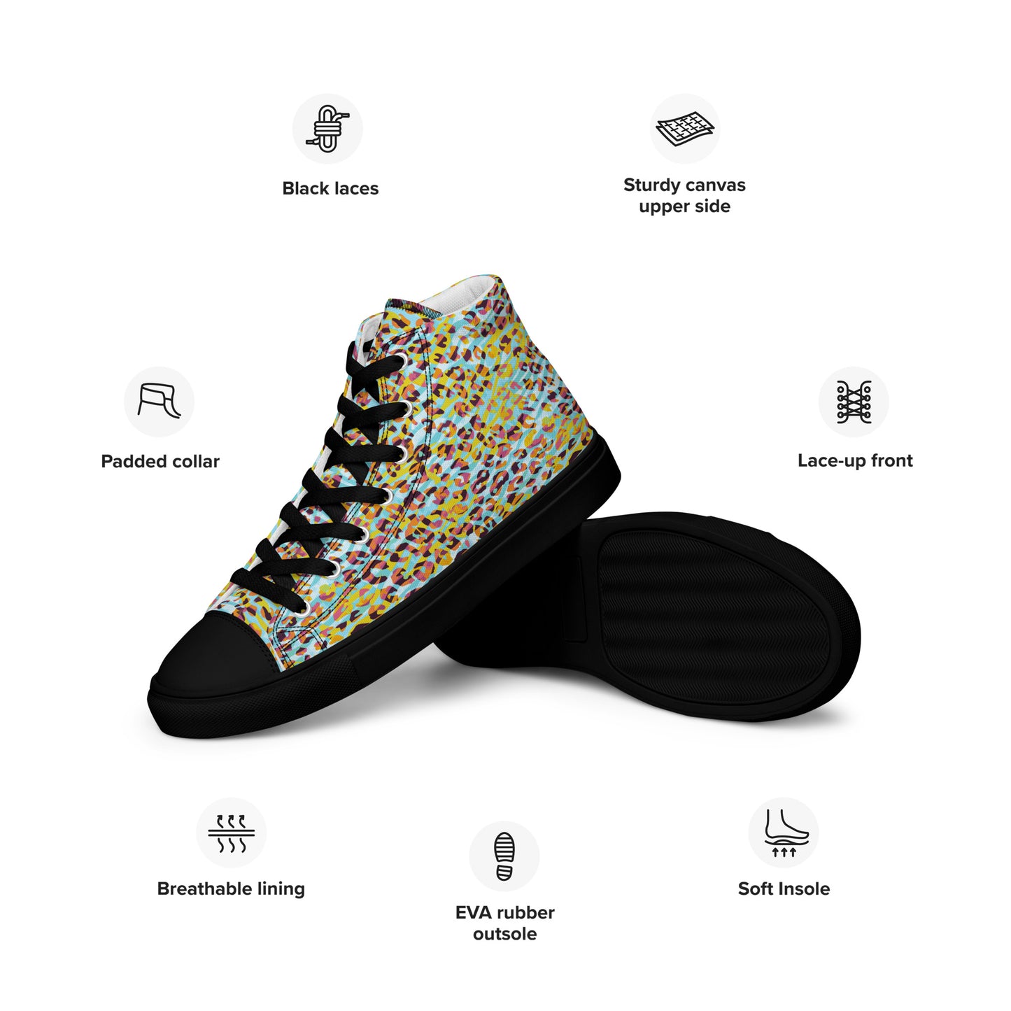 Women’s high top canvas shoes- Zebra and Leopard Print Cyan with Yellow