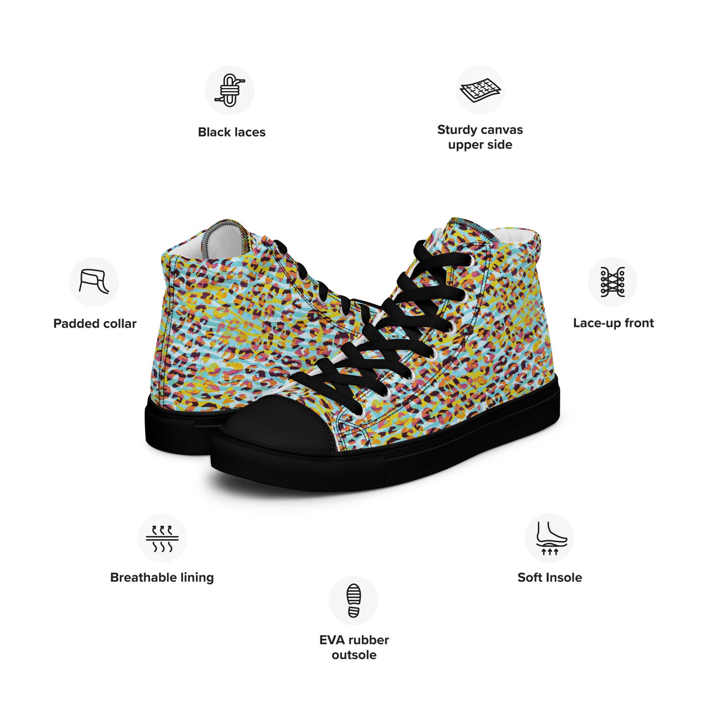 Women’s high top canvas shoes- Zebra and Leopard Print Cyan with Yellow