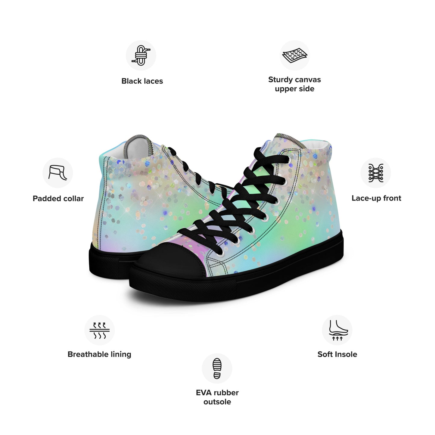 Women’s high top canvas shoes- Rainbow Holographic Glitter