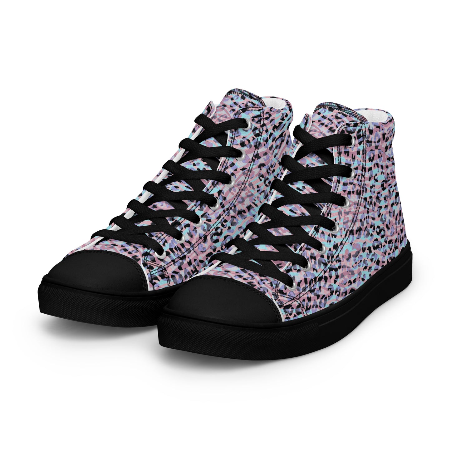 Women’s high top canvas shoes- Zebra and Leopard Print Pink with Cyan
