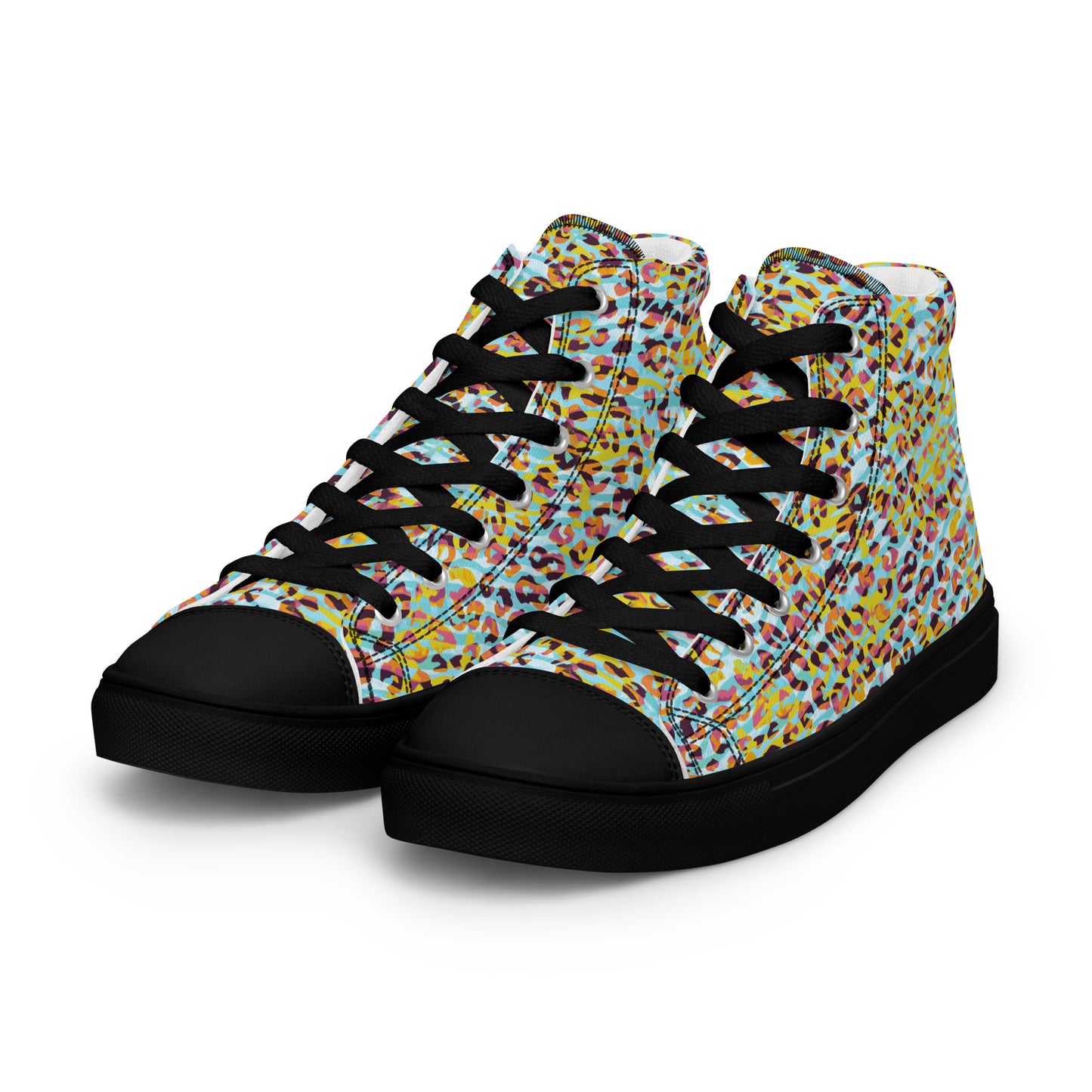 Women’s high top canvas shoes- Zebra and Leopard Print Cyan with Yellow