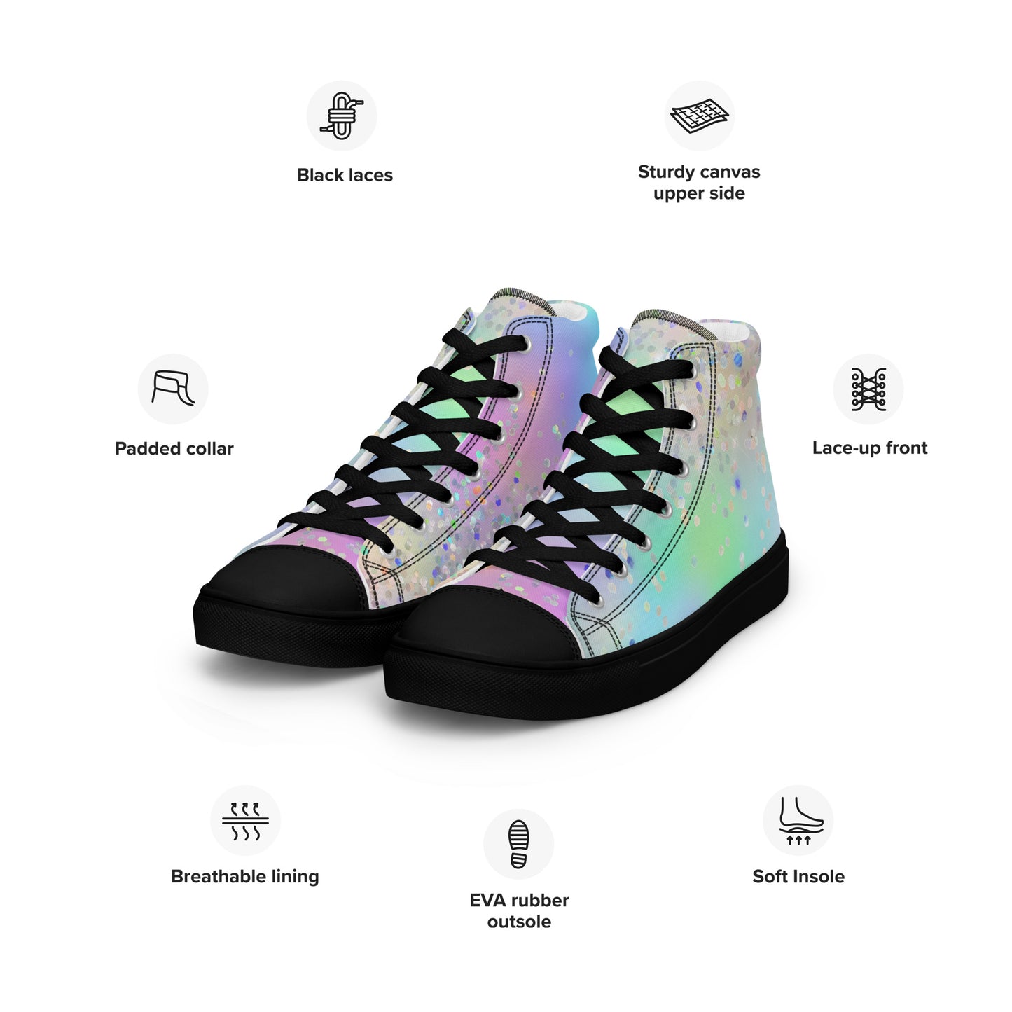Women’s high top canvas shoes- Rainbow Holographic Glitter