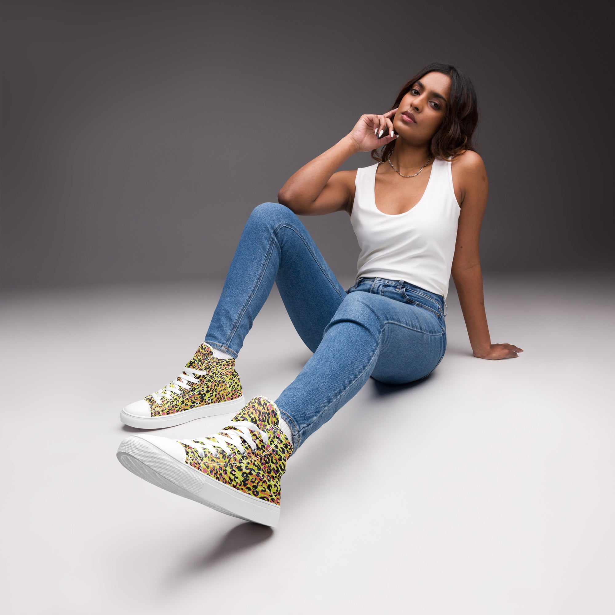 Women’s high top canvas shoes- Zebra and Leopard Print Yellow with Orange