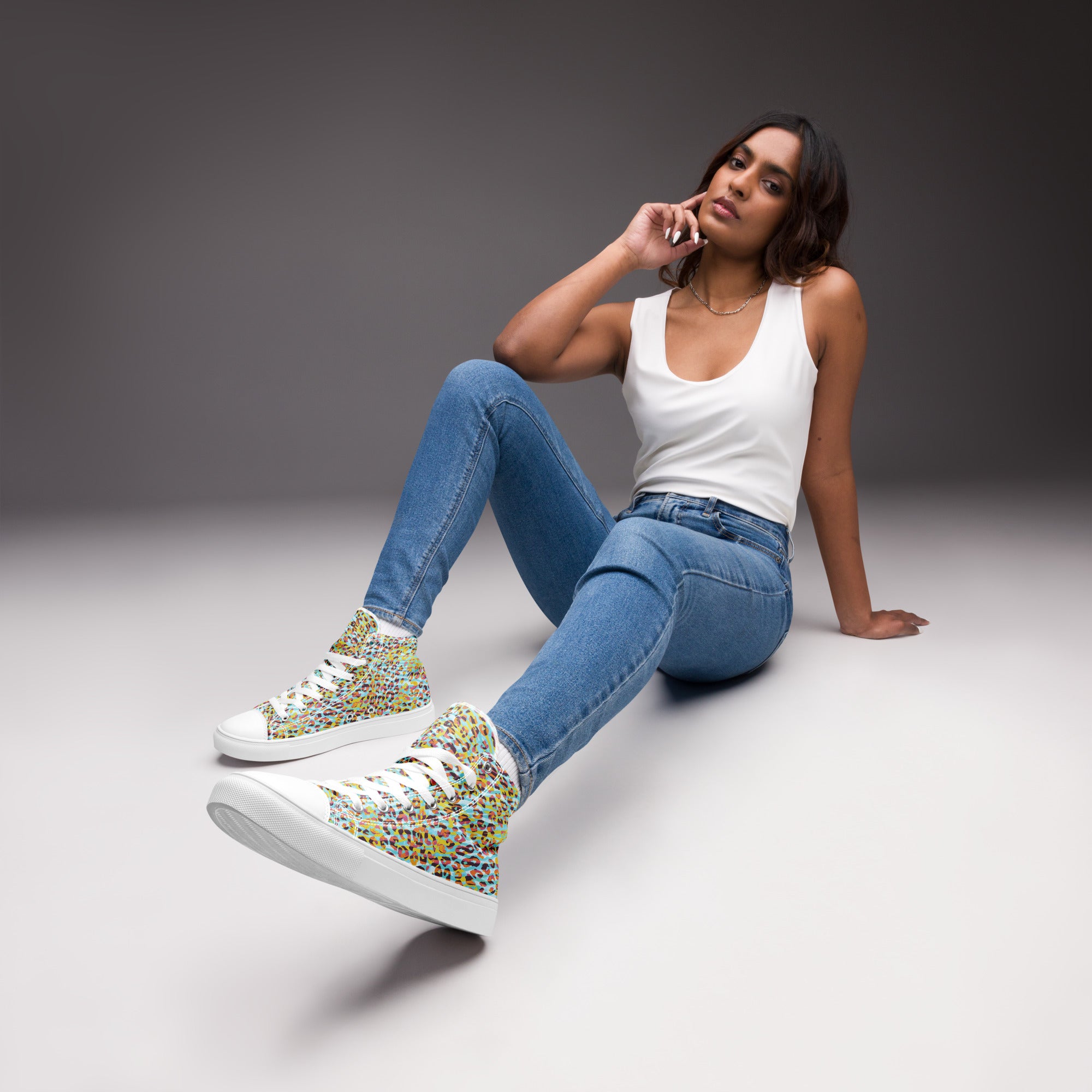 Women’s high top canvas shoes- Zebra and Leopard Print Cyan with Yellow