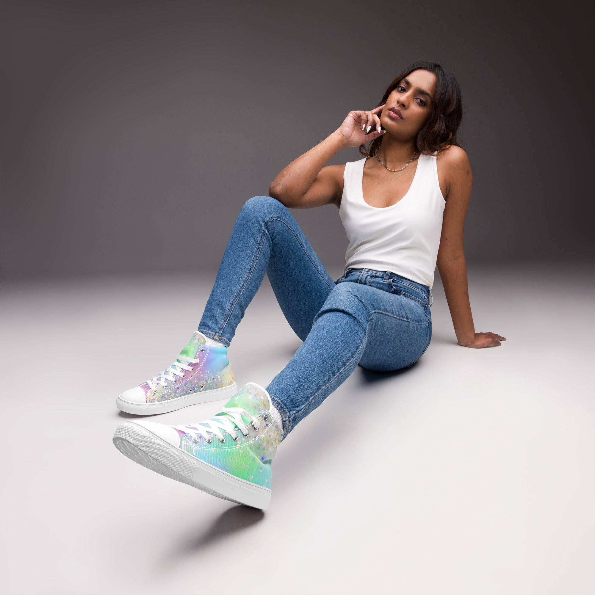 Women’s high top canvas shoes- Rainbow Holographic Glitter