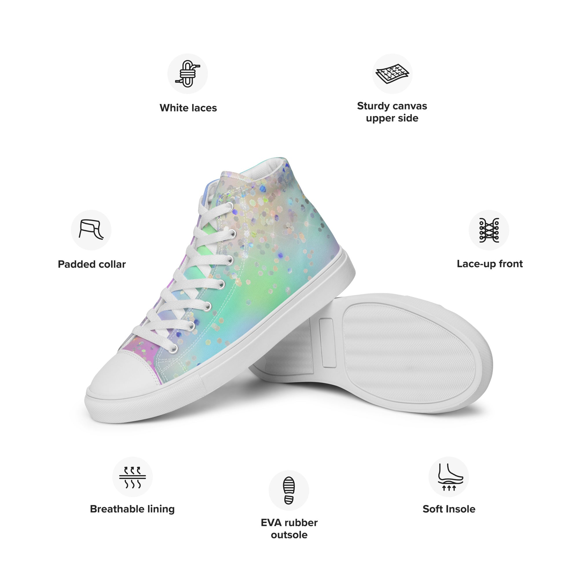 Women’s high top canvas shoes- Rainbow Holographic Glitter