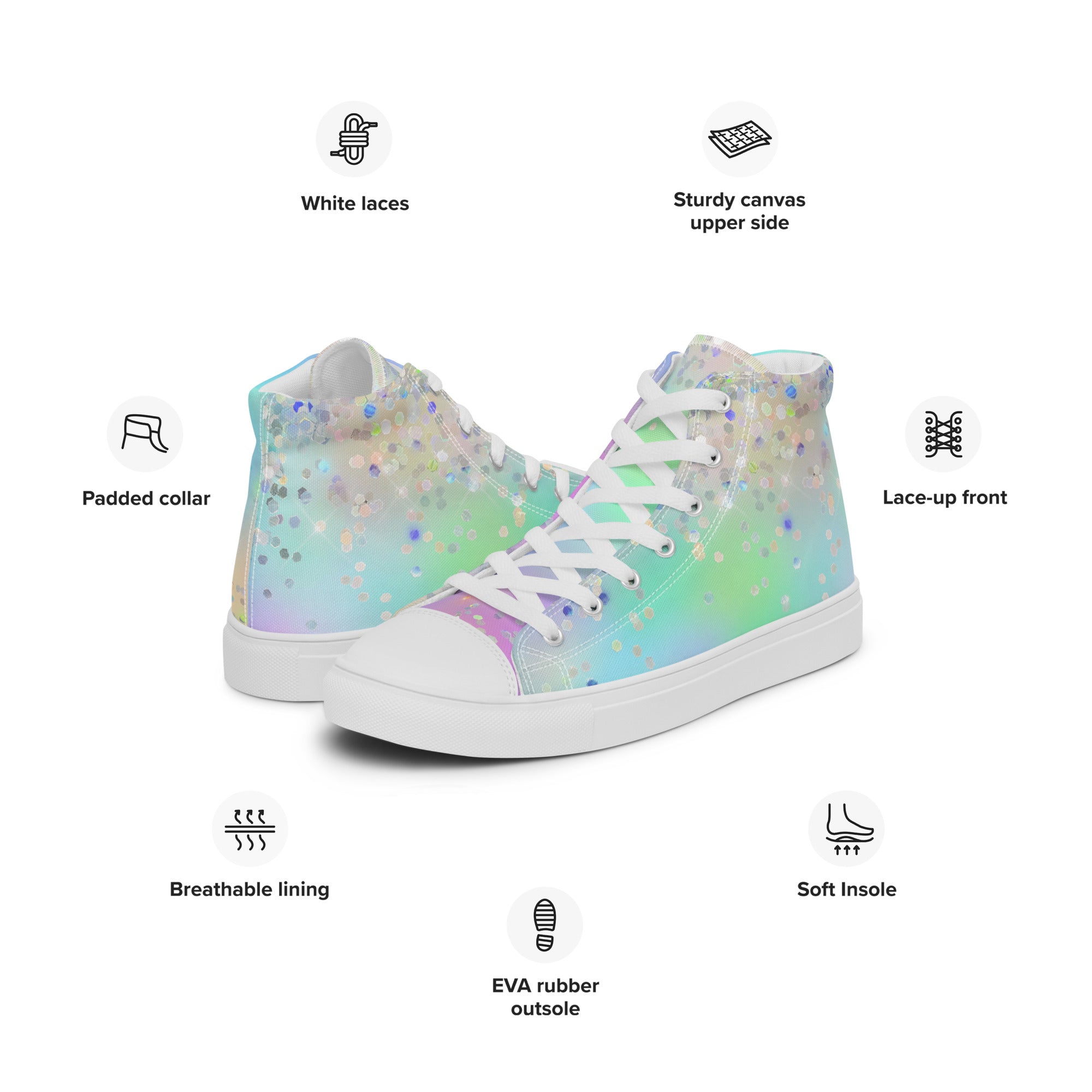 Women’s high top canvas shoes- Rainbow Holographic Glitter