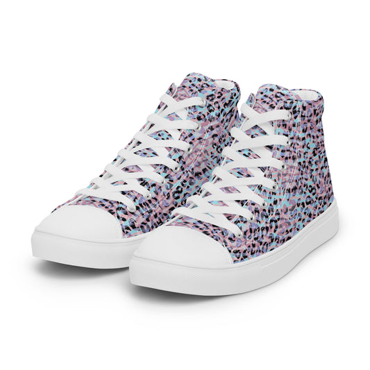 Women’s high top canvas shoes- Zebra and Leopard Print Pink with Cyan