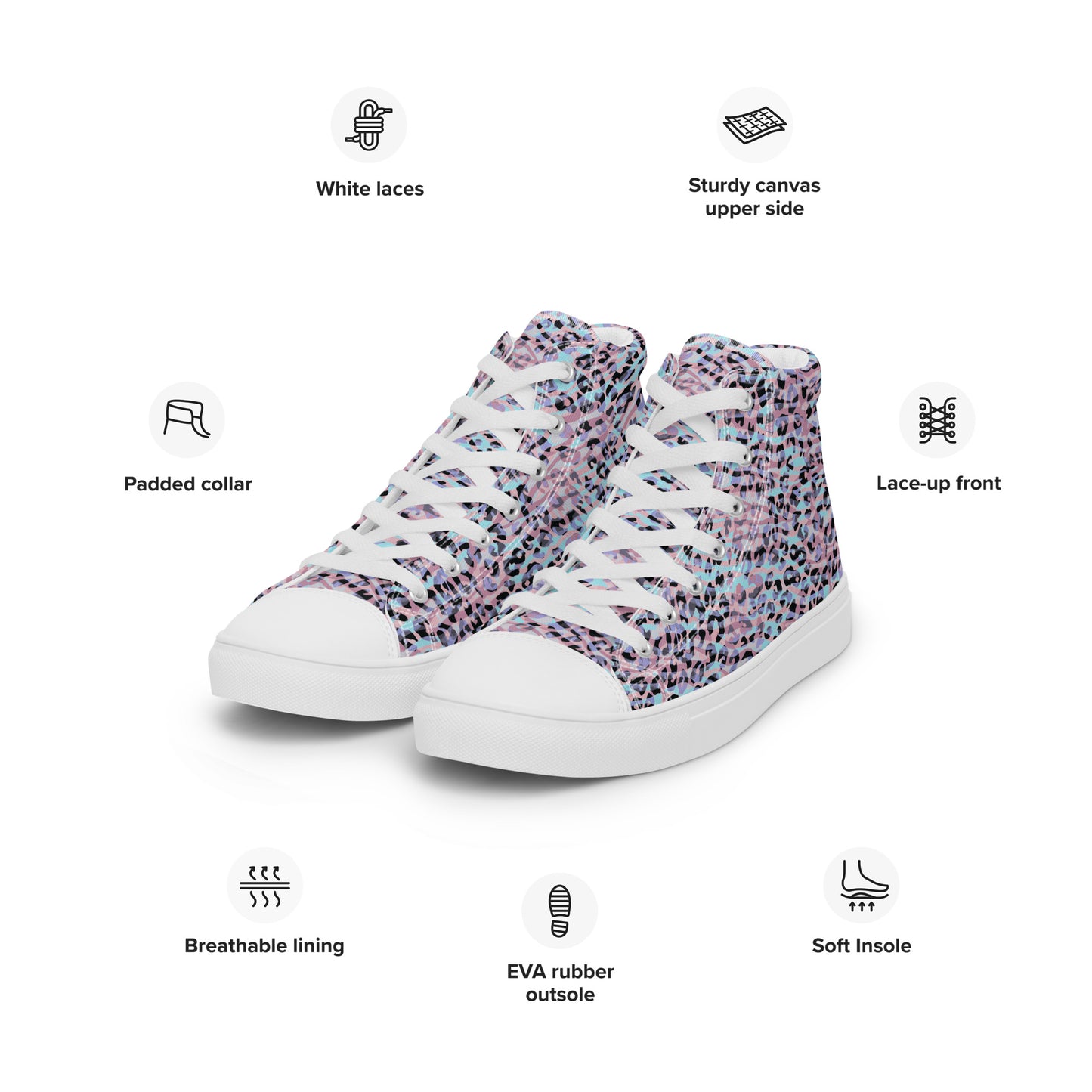 Women’s high top canvas shoes- Zebra and Leopard Print Pink with Cyan